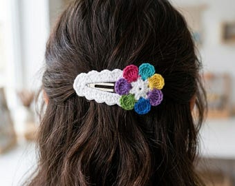 Rainbow Daisy Hair Clip Crochet Pattern PDF, DIY Flower Snap Clip, Rainbow Flower Hair Accessory PDF, Colorful Flower Crochet Hair Items