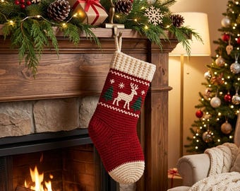 May include: A red and cream-colored crocheted Christmas stocking featuring a white reindeer motif flanked by two green pine trees. The stocking has a thick, ribbed cream cuff at the top and a rounded cream toe, hanging from a hook on a wooden mantel.