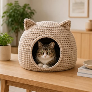 May include: A beige, round, crocheted cat bed with two small pointed ears on top. The structure features a circular opening in the front, housing a brown and white tabby cat with green eyes resting inside the textured, thick-yarn enclosure.