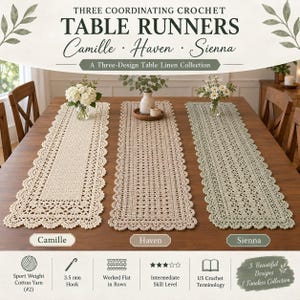 Crochet Table Runner Pattern Bundle PDF, 3 Unique Designs, Intermediate, Scalloped Lace Edges, Textured Panels, Instant Download
