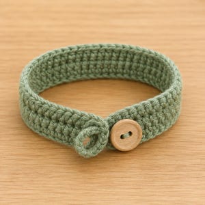 May include: A sage green crochet bracelet featuring a circular loop closure and a single round light-colored wooden button. The band is constructed with a dense, uniform stitch pattern, creating a textured, cylindrical shape that secures with the button.