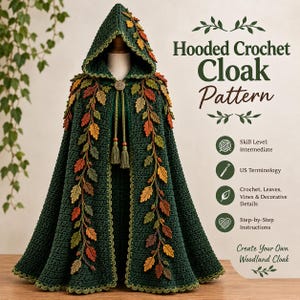 May include: A dark green hooded crochet cloak featuring cascading autumn-coloured leaf and vine embellishments, a circular metal clasp, and two hanging tassels. Text reads: Hooded Crochet Cloak Pattern, Skill Level: Intermediate, US Terminology.