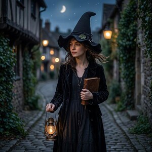 May include: A black pointed hat with a green leaf accent, a black velvet coat, and a black dress. The attire includes a brown leather-bound book held in one hand and a lit metal lantern held in the other, set against a cobblestone street.
