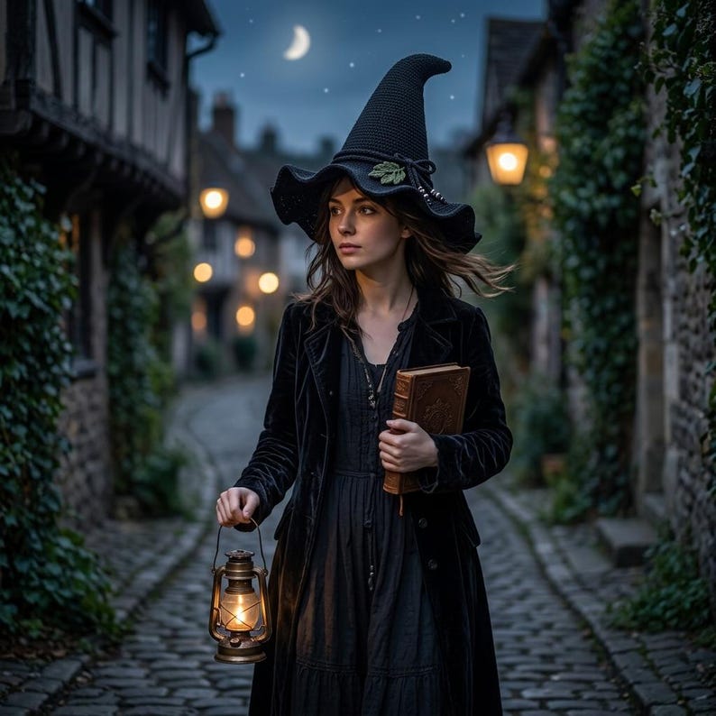May include: A black pointed hat with a green leaf accent, a black velvet coat, and a black dress. The attire includes a brown leather-bound book held in one hand and a lit metal lantern held in the other, set against a cobblestone street.