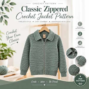 May include: A sage green crocheted jacket with a full-length front zip, a fold-over collar, and ribbed cuffs and hem. The image includes text reading Crochet Pattern Classic Zippered Crochet Jacket Pattern, Timeless Style, Cozy Comfort.
