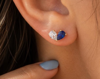 May include: A stud earring shaped like a heart, featuring a split design with one half composed of a clear, colorless gemstone and the other half composed of a deep blue gemstone, set in a gold-toned metal base.