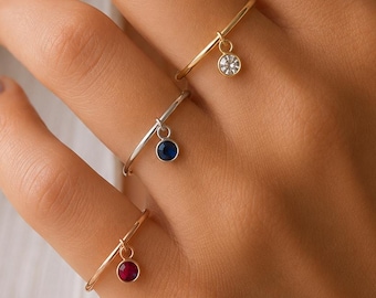 Personalized Dainty Charm Ring, Stacking Gemstone Band, Gold Silver Rose Gold