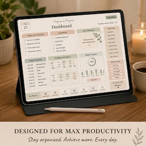 Op de afbeelding: Een digitale tablet met een productiviteitsdashboard-interface genaamd Progress is Progress Dashboard, met secties voor prioriteiten, notities, planning en voortgang, en een witte stylus die op de zwarte tablethoes rust.