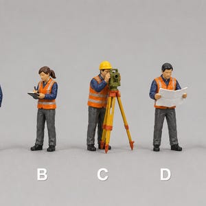 Könnte beinhalten: Fünf Miniatur-Bauarbeiterfiguren, beschriftet mit A bis E. Figur A hält eine rot-weiße Vermessungsstange. Figur B schreibt auf einen Notizblock. Figur C bedient einen Theodolit auf einem Stativ. Figur D hält einen Plan. Figur E hält ein Gerät.