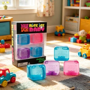 May include: A Nee Doh Nice Ice Baby toy set featuring four translucent, square-shaped squishy cubes in blue, pink, and purple colors. The packaging is a black box with the text Nee Doh Nice Ice Baby printed in bright pink and yellow letters.
