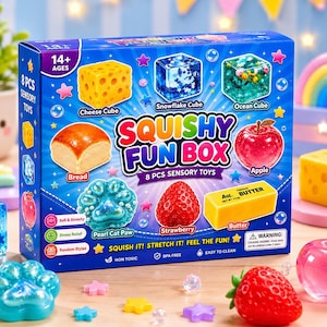 Pode incluir: Uma caixa azul Squishy Fun Box contendo 8 brinquedos sensoriais, incluindo um cubo de queijo, cubo de floco de neve, cubo de oceano, pão, maçã, pata de gato perolada, morango e manteiga, com gráficos coloridos e etiquetas de texto.
