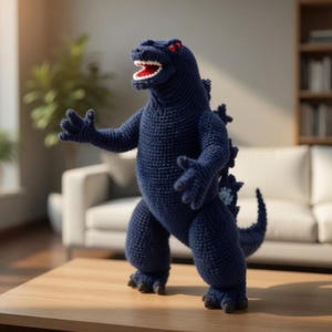 May include: A dark blue crocheted monster figurine standing on its hind legs with its mouth open, showing white teeth and a red interior. The creature features textured skin, sharp dorsal fins along its back, a long tail, and clawed hands.