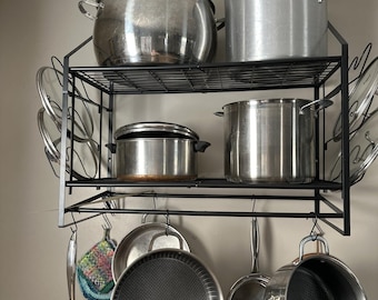 2 Tier Wall Mounted Pot Rack Kitchen Cookware Organizer with 20 Hooks Rustic Storage Shelf