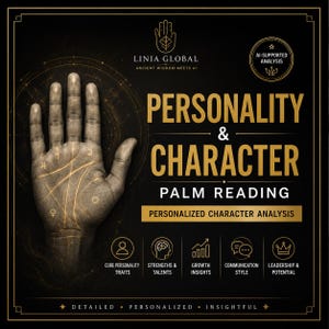 May include: A black and gold graphic featuring a palm reading theme with the text LINIA GLOBAL ANCIENT WISDOM MEETS AI, PERSONALITY & CHARACTER PALM READING, and PERSONALIZED CHARACTER ANALYSIS, alongside icons for traits, strengths, and leadership.