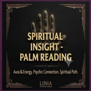 Può includere: Un grafico quadrato nero con un'illustrazione di una mano stilizzata e il testo dorato SPIRITUAL INSIGHT - PALM READING. Sotto, un testo più piccolo recita Aura & Energy. Psychic Connection. Spiritual Path. In basso appare la parola LINIA.