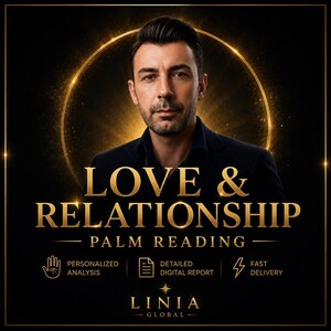 May include: A digital graphic featuring a man in a dark shirt centered before a glowing gold ring. Text reads: LOVE & RELATIONSHIP PALM READING, PERSONALIZED ANALYSIS, DETAILED DIGITAL REPORT, FAST DELIVERY, and LINIA GLOBAL with a star icon.