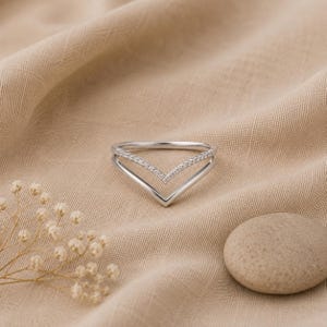 Minimalist Double Chevron Ring, V Shape Stacking Ring, Sterling Silver Chevron Band, Dainty Pavé CZ Ring, Geometric Wishbone Ring Gift.