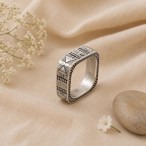 Geometric Square Band Ring, Tribal Pattern Ring, Wide Silver Statement Ring, Boho Unisex Band, Engraved Minimalist Ring, Handmade Gift