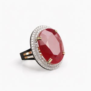 Könnte beinhalten: Ein Ring mit einem großen, oval geschliffenen, tiefroten Edelstein, der in Goldfassungen sitzt. Der Mittelstein ist von einem doppelten Halo aus kleinen, klaren Diamanten im Pavé-Schliff umgeben. Die Ringschiene besteht aus glattem, schwarzem Material.