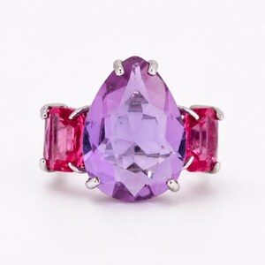 Amethyst & Pink Ruby Statement Ring, 925 Sterling Silver Handmade Jewelry, Gift For Her