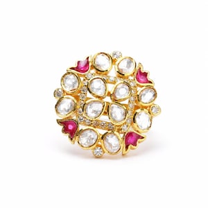 Moissanite Polki Diamond & Ruby Statement Ring, 925 Sterling Silver Gold Plated Jewelry