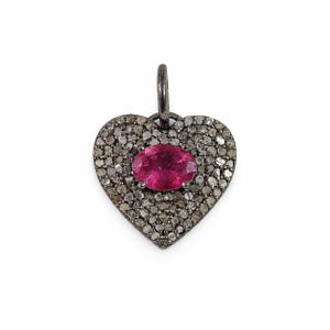 Natural Ruby & Pavé Diamond Heart Pendant, 925 Sterling Silver Oxidized Handmade Jewelry