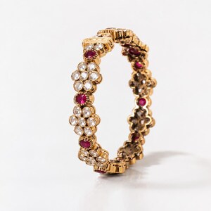 Ruby & Moissanite Diamond Floral Statement Bangle, 925 Sterling Silver Gold Plated Jewelry