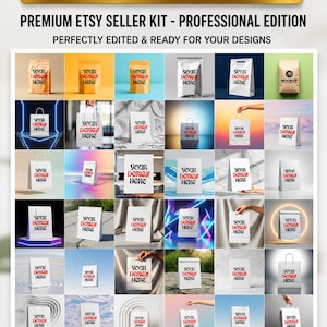 May include: A collection of 40 shopping bag PSD mockup files for Etsy sellers. The image displays a grid of various white and colored paper shopping bags, each featuring the placeholder text 'YOUR DESIGN HERE' in a bold red font.