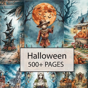 May include: A digital collection of Halloween-themed illustrations featuring a scarecrow under a full moon, witch hats, pumpkins, and spooky landscapes. The central text overlay reads Halloween 500+ PAGES, showcasing a variety of detailed scenes.
