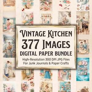 May include: A digital paper bundle featuring 377 vintage kitchen images with watercolor-style illustrations of people cooking, baking, and preparing food in various kitchen settings, with text reading Vintage Kitchen 377 Images Digital Paper Bundle.
