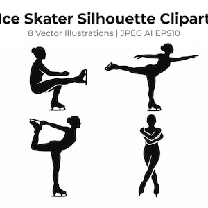 Peut inclure: Huit silhouettes noires de patineurs sur glace dans diverses poses, debout, en rotation ou en glisse. Le texte indique Ice Skater Silhouette Clipart, 8 Vector Illustrations | JPEG AI EPS10, et Commercial Use. Les figures sont en noir uni.