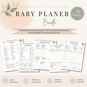 Puede incluir: Un paquete de planificador para bebés con 15 plantillas para el embarazo y el cuidado diario. Los documentos incluyen listas de verificación para bolsas de hospital, planificación de documentos, redes de apoyo y registros diarios.