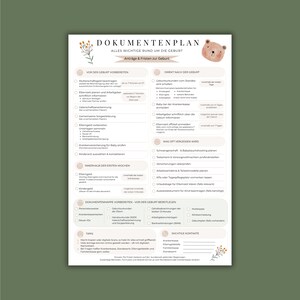 Può includere: Un pianificatore di documenti bianco intitolato DOKUMENTENPLAN con un'illustrazione di un orso e accenti floreali. La lista di controllo include sezioni per le domande relative alla nascita, scadenze e contatti in tedesco.