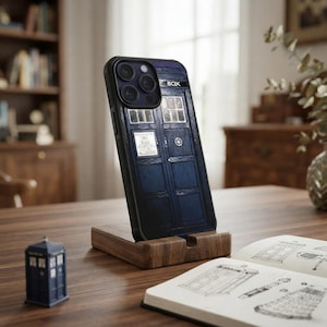 May include: A smartphone case featuring a dark blue police box design with white window panes and the text "POLICE BOX" at the top. The case is positioned upright on a rectangular wooden stand, showcasing a detailed graphic print of the iconic structure.