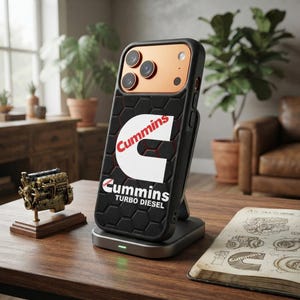 May include: A black smartphone case with a hexagonal texture and a white and red Cummins Turbo Diesel logo. The case is mounted on a charging stand. The phone features a copper-colored camera module with three lenses and a flash.