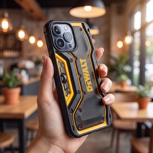May include: A rugged smartphone case featuring a black and yellow color scheme with the DeWalt logo printed vertically. The case has a textured back panel, exposed screw details, and integrated side buttons for volume and power controls.