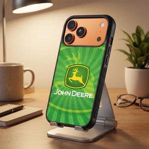 Puede incluir: Un teléfono inteligente con una funda protectora negra que presenta el logotipo de John Deere en verde y amarillo con la silueta de un ciervo sobre un fondo de rayos de sol. El teléfono tiene un módulo de cámara cobrizo y está en un soporte de metal plateado.