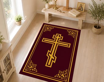 Orthodox Christian Prayer Rug, Burgundy Gold Cross Mat, Byzantine Prayer Carpet, Eastern Orthodox Home Altar & Sacred Prayer Room Decor