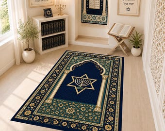 Jewish Prayer Rug, Star of David Menorah Mat, Washable Non-Slip Judaica Rug, Hebrew Home Decor, Hanukkah Prayer Rug,Bar Mitzvah Judaica Gift