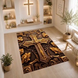 Ornate Gold Cross Prayer Rug, Baroque Catholic Kneeler, Gothic Christian Area Rug