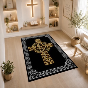 Celtic Cross Rug, Christian Area Rug, Black Gold Cross Carpet, Celtic Knot Decor, Religious Prayer Rug, Gothic Christian Home Decor