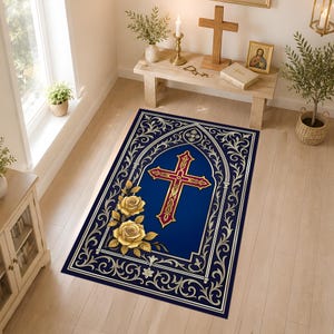 Christian Prayer Rug, Cross Area Rug, Navy Blue Gold Floral Carpet, Religious Prayer Room Rug, Christian Home Altar Decor, Catholic Gift