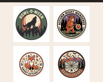 Retro Halloween Badge PNG Bundle, Werewolf, Ghost, Fox, Bear (Digital Download)