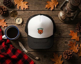 Bear University Trucker Hat, Embroidered Bear Patch Mesh Cap, Retro Collegiate Hat, Outdoor Camping Cap, Gift for Him