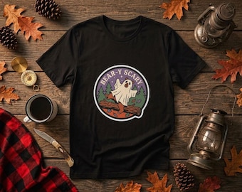 Bear-y Scary Ghost Bear Forest Tee, Spooky Camping Shirt, Ring-Spun Cotton