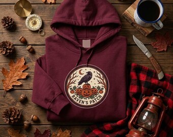 Spooky Raven Pumpkin Patch Hoodie, Gothic Fall Sweatshirt, Cozy Unisex Top