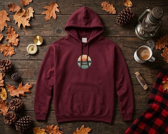Sunset Lake Hoodie, Retro Sunrise Landscape Sweatshirt, Cozy Camping Pullover