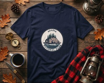Acadia National Park T-Shirt, Maine Forest Cliff Badge Tee, Hiking Souvenir