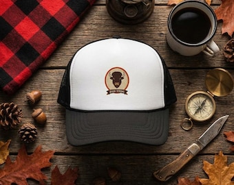 Embroidered Bison Trucker Hat, Outdoor Nature Lover Cap (Adjustable Snapback)