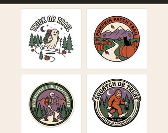 Halloween Camping Hiking PNG Bundle, Retro Outdoor Badges, Ghost Bigfoot Clipart (Digital Download)